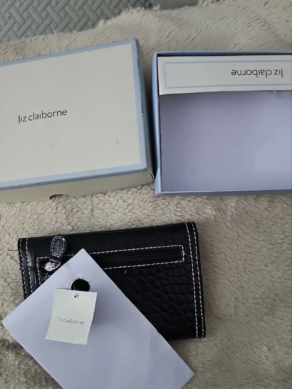 Liz Claiborne Black Croc-Embossed Wristlet with White Stitching